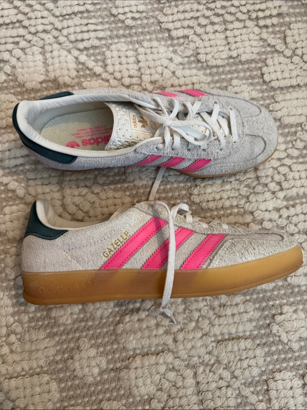 adidas Gazelle Suede Sneakers in Light Gray with Pink Stripes - Picture 2 of 7